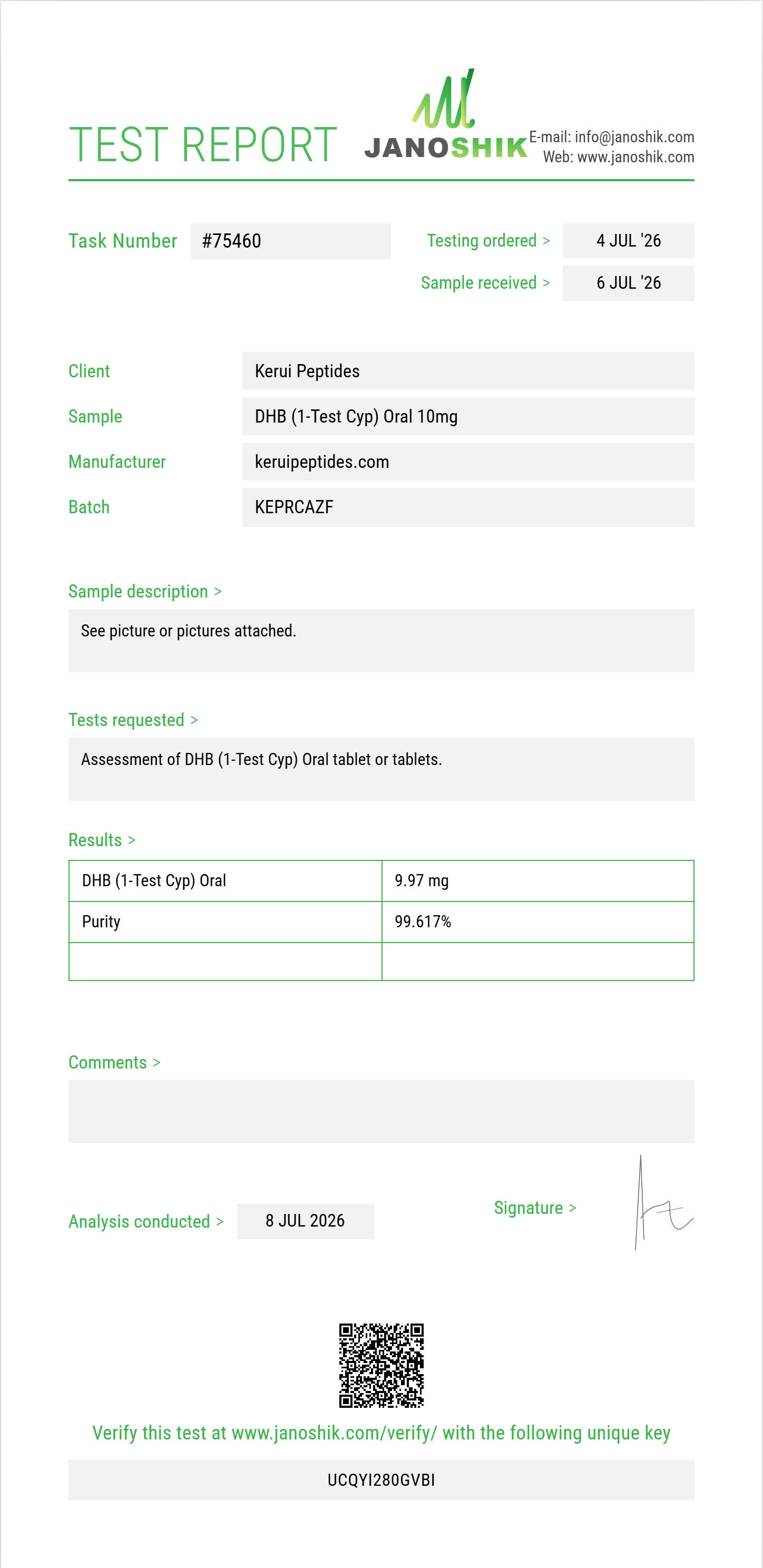 DHB (1-Test Cyp) Oral Purity (HPLC) report by Janoshik Analytical