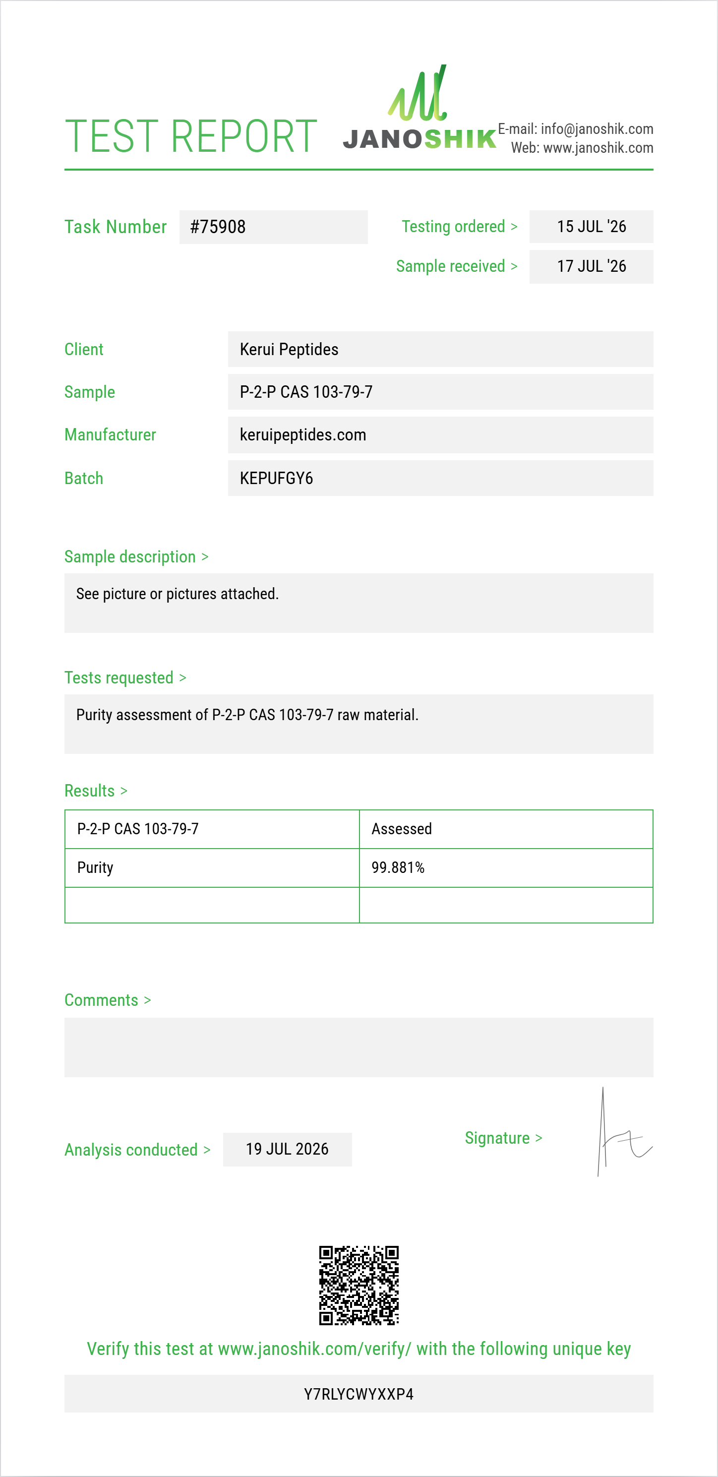 P-2-P (phenyl-2-propanone / BMK) CAS 103-79-7 Purity (HPLC) report by Janoshik Analytical