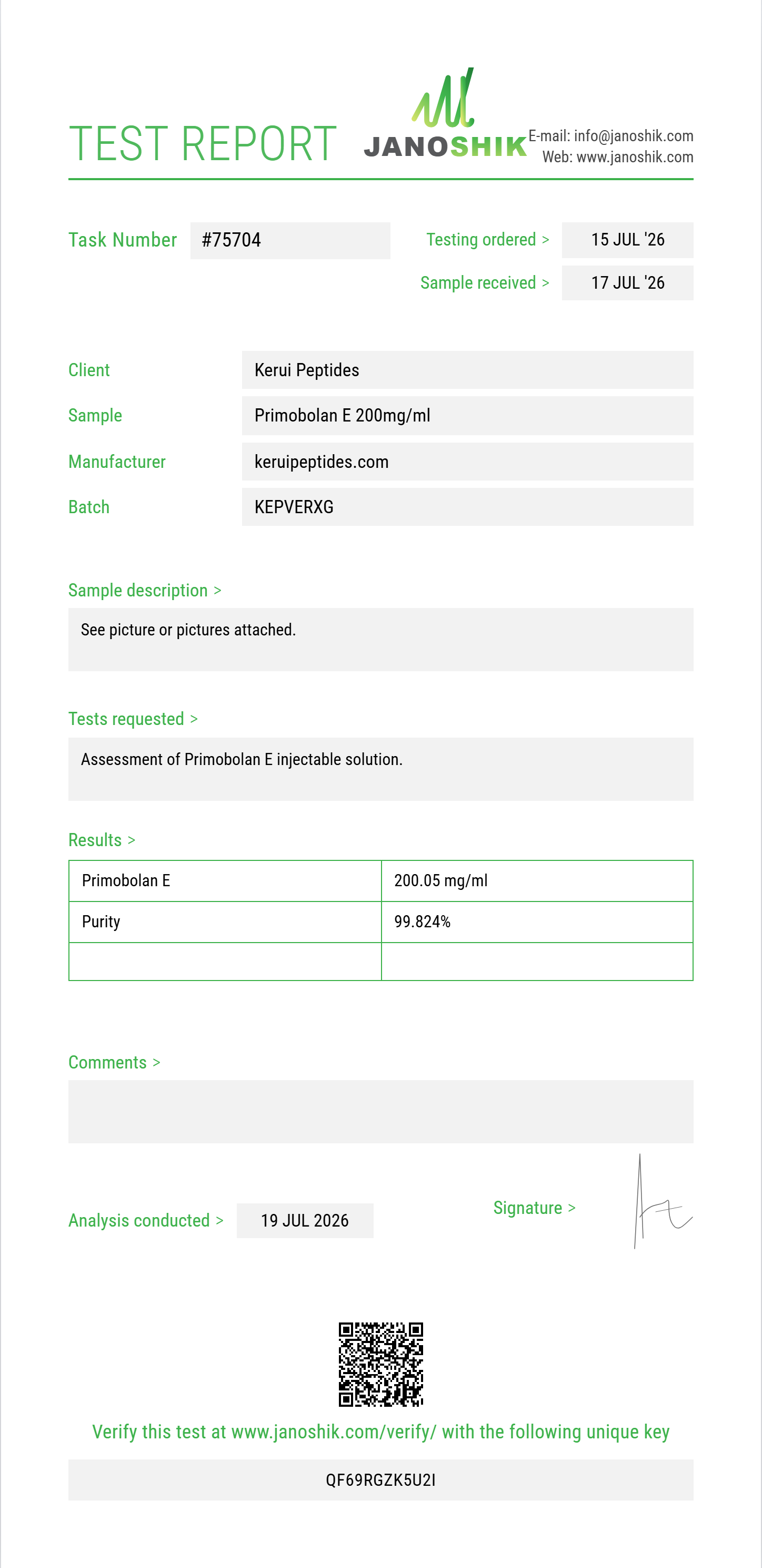 Primobolan E Purity (HPLC) report by Janoshik Analytical