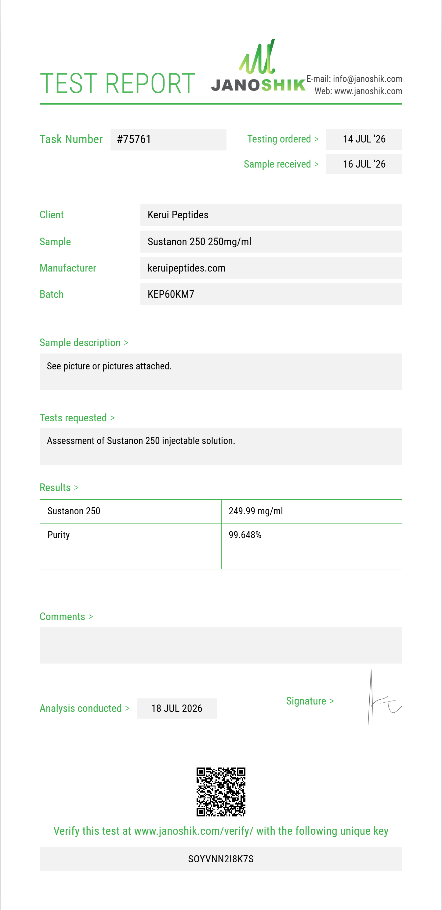Sustanon 250 Purity (HPLC) report by Janoshik Analytical