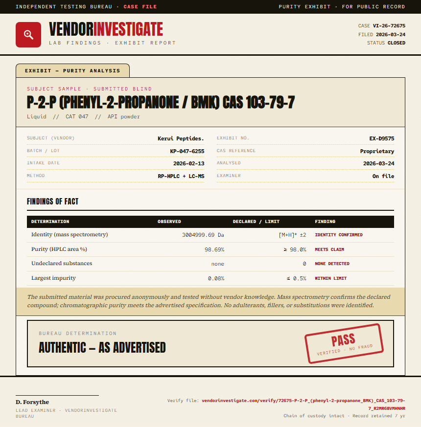 P-2-P (phenyl-2-propanone / BMK) CAS 103-79-7 Purity (HPLC) report by VendorInvestigate